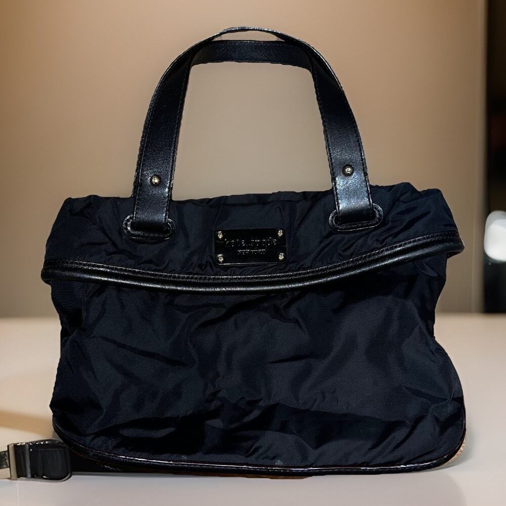 Kate Spade New York Nylon Tote Bag Black /Black Leather Trim Polka Dot Lining